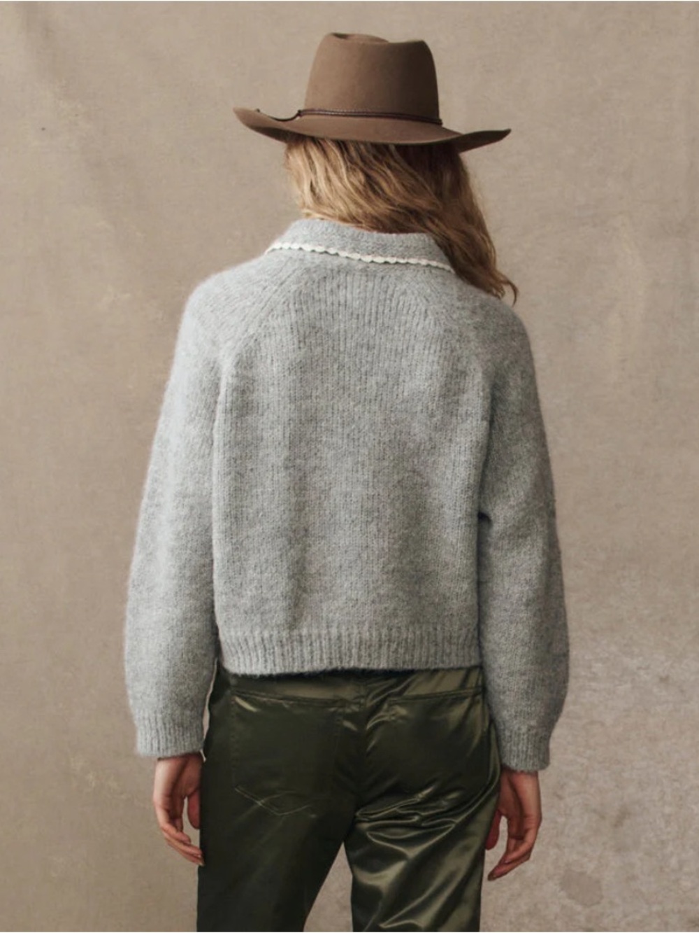 THE GREAT. Heather Grey Crochet Collar Pullover Sweater size 1, superfine Alpaca - Picture 4 of 10